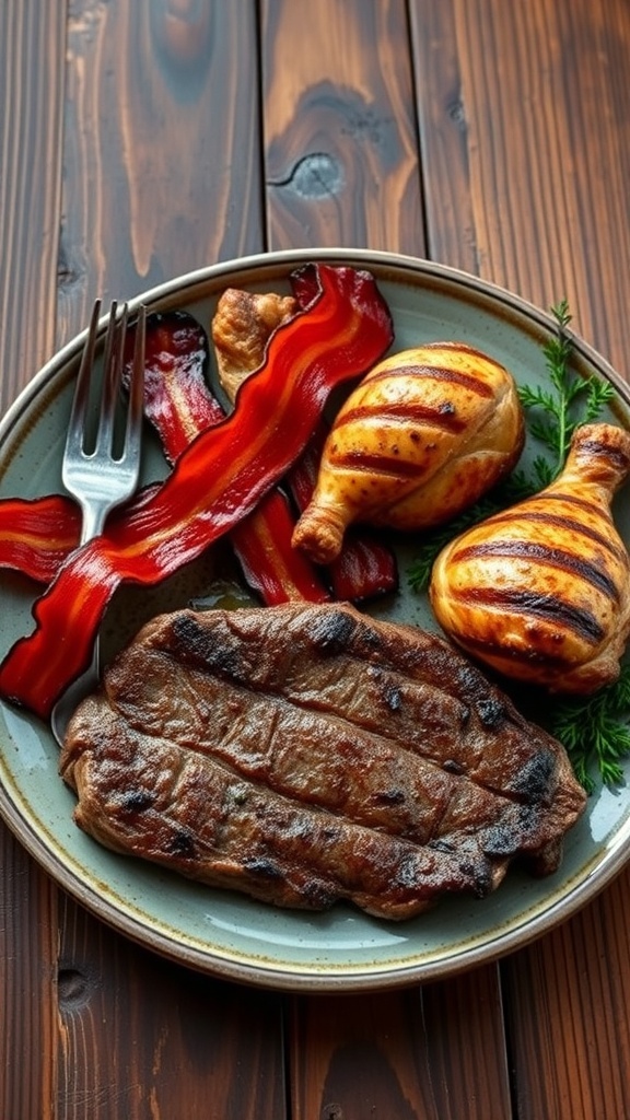 Carnivore Diet Meal Plan A delicious assortment of cooked meats including steak, bacon, and chicken on a rustic table.